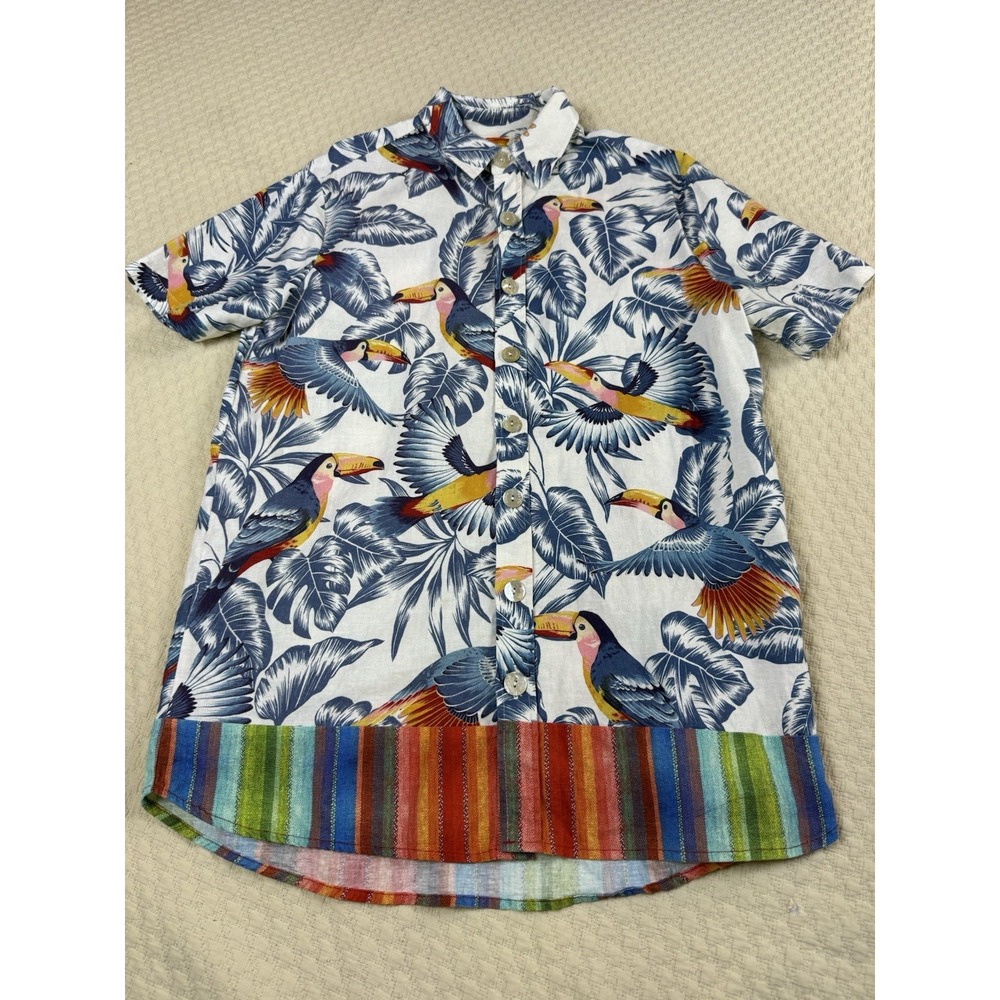Farm Rio Bird Tropical Print Short Sleeve Button Shirt Size XS Linen Blend - Picture 3 of 10